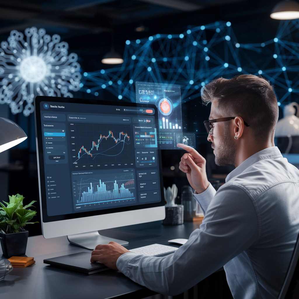 A realistic scene showing how AI is transforming investing for beginners. A beginner investor sits at a desk, observing a modern financial dashboard on a computer screen displaying real-time stock charts, graphs, and data analysis powered by AI. Digital data streams and neural network connections in the background represent AI’s complex data processing.